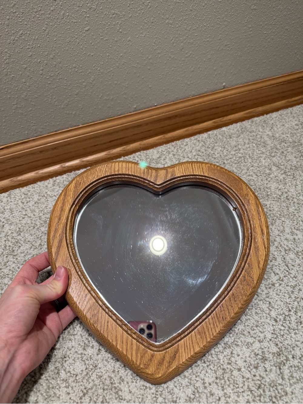 Vintage Solid Oak Wood Heart Shaped Wall Mirror Country Farmhouse Accent